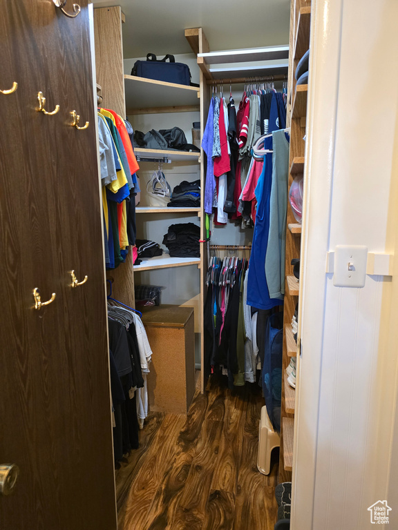 Walk in closet with wood finished floors