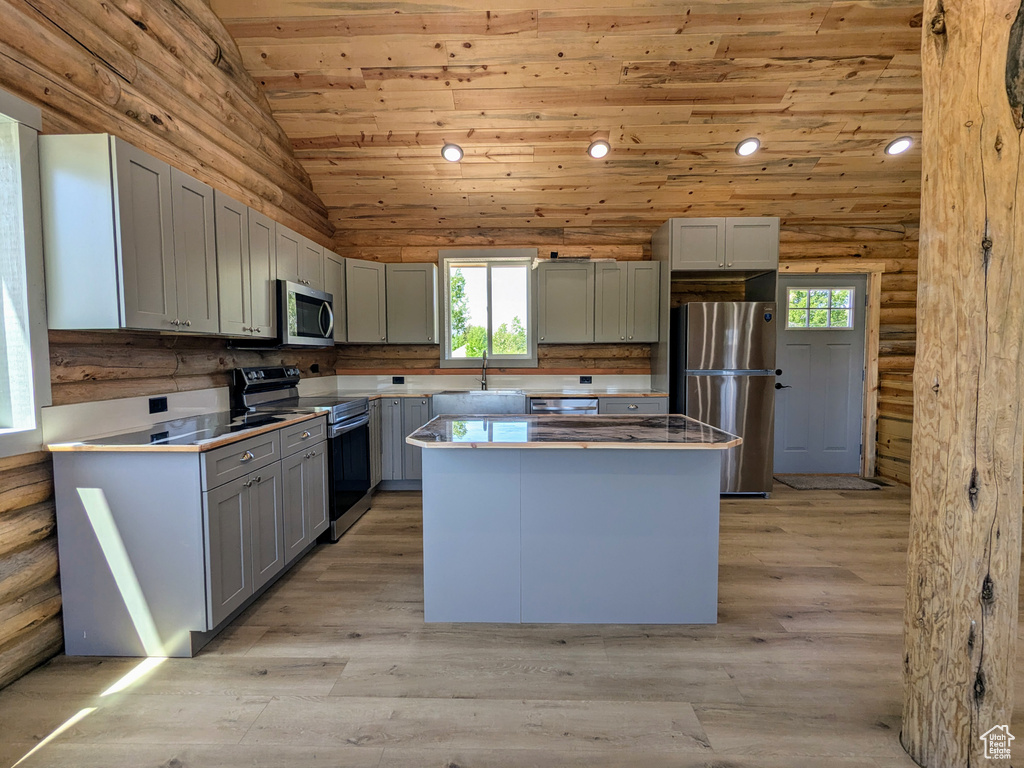 Kitchen with stainless steel appliances, lofted ceiling, wood ceiling, gray cabinets, and a kitchen island