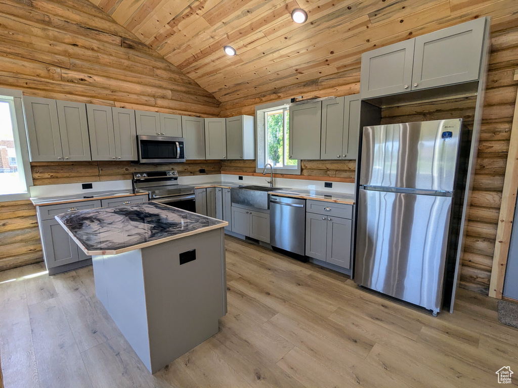 Kitchen featuring stainless steel appliances, vaulted ceiling, wooden ceiling, gray cabinetry, and light wood-style flooring