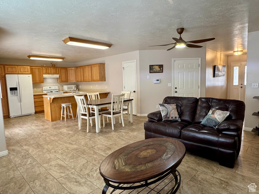 Living room with a ceiling fan, a textured ceiling, and baseboards