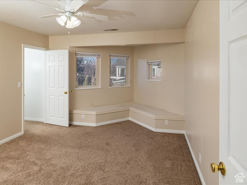 Carpeted spare room featuring a ceiling fan, baseboards, and plenty of natural light