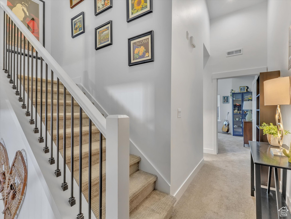 Stairs featuring a high ceiling, baseboards, and carpet