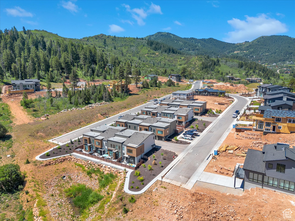 Aerial view of residential area with a mountainous background and a forest