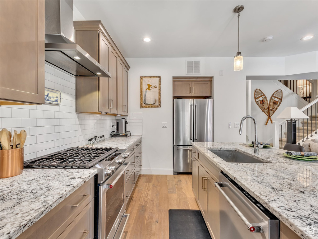 Kitchen with wall chimney exhaust hood, high quality appliances, a sink, light wood-type flooring, and decorative backsplash