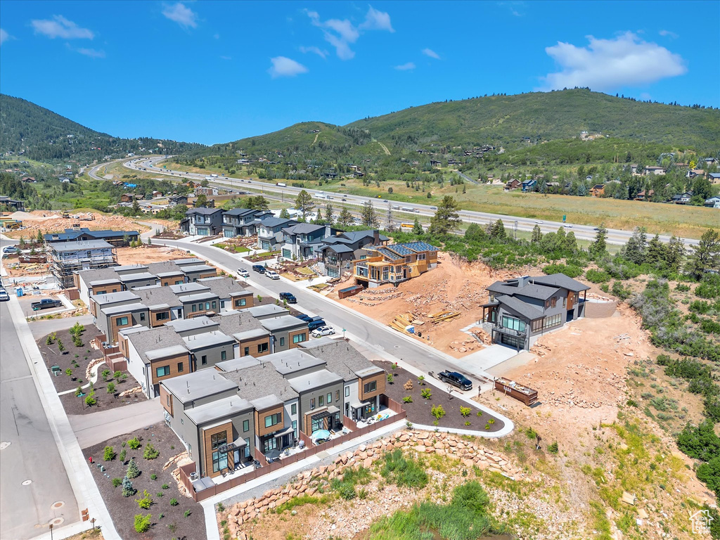 Aerial perspective of suburban area featuring a mountainous background