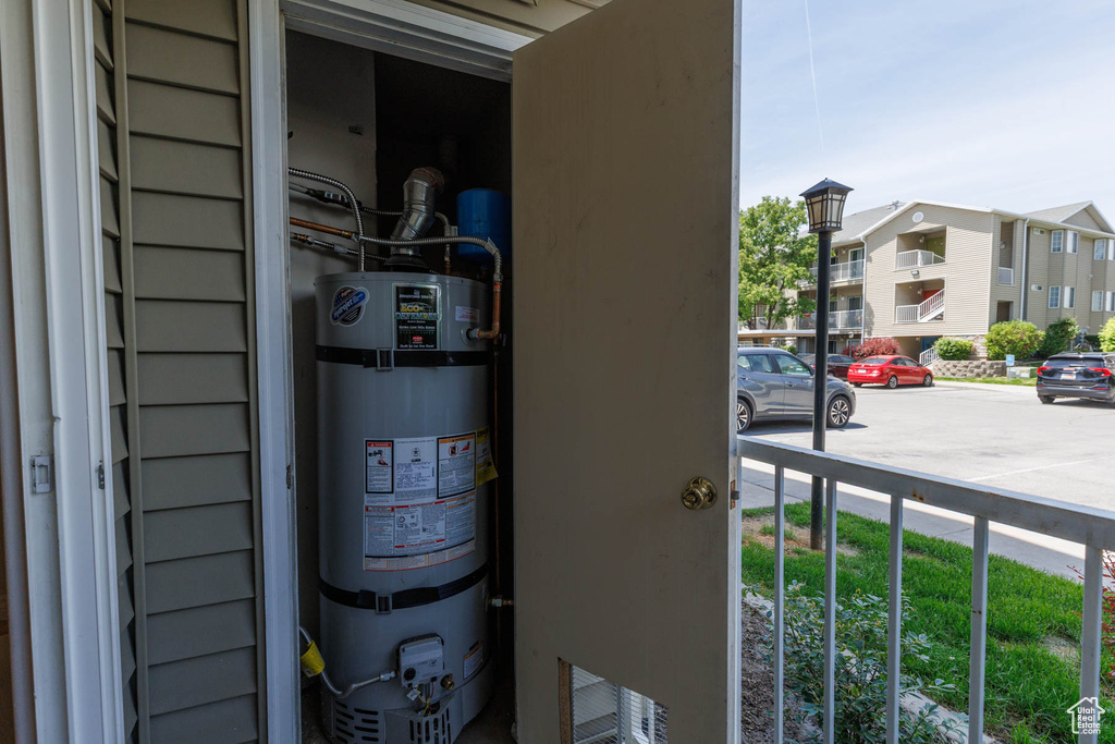 Detailed view of secured water heater and parking