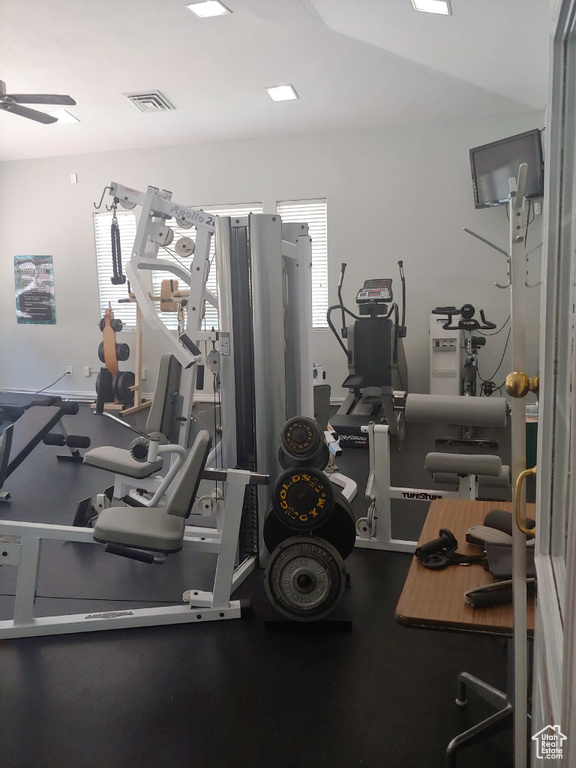 Workout area featuring ceiling fan