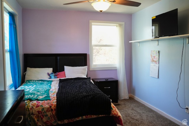 Bedroom featuring multiple windows, carpet flooring, ceiling fan, and baseboards