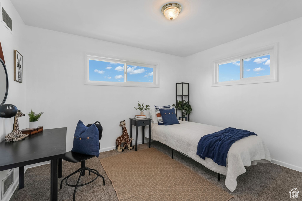 Bedroom with carpet floors and baseboards