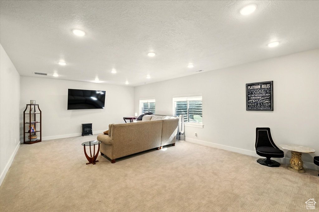 Living room featuring light colored carpet, recessed lighting, baseboards, and a textured ceiling