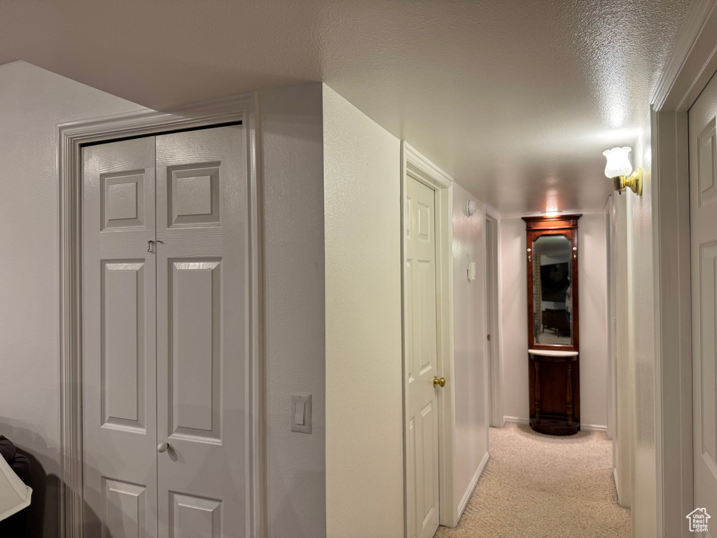 Corridor with light colored carpet and baseboards