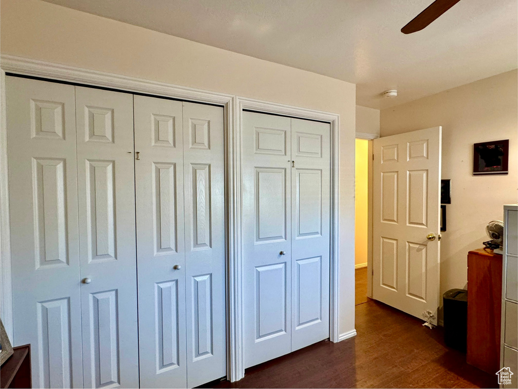 Bedroom featuring multiple closets, dark wood finished floors, and ceiling fan