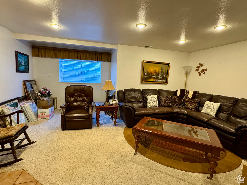 Carpeted living room with recessed lighting and a textured ceiling