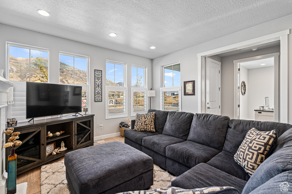 Living area featuring wood finished floors, recessed lighting, a textured ceiling, and baseboards