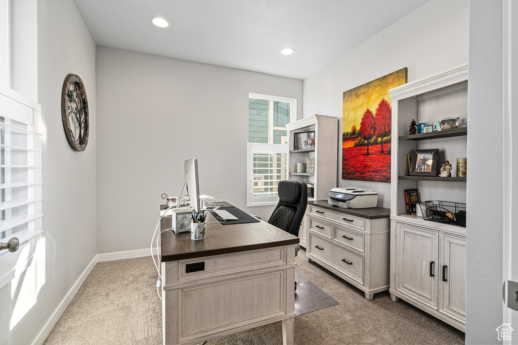 Office area with light carpet, baseboards, and recessed lighting