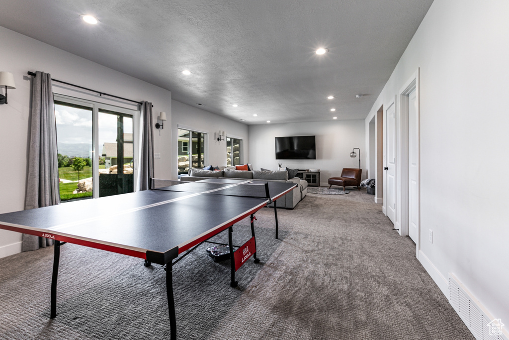 Rec room with carpet flooring, recessed lighting, and a textured ceiling