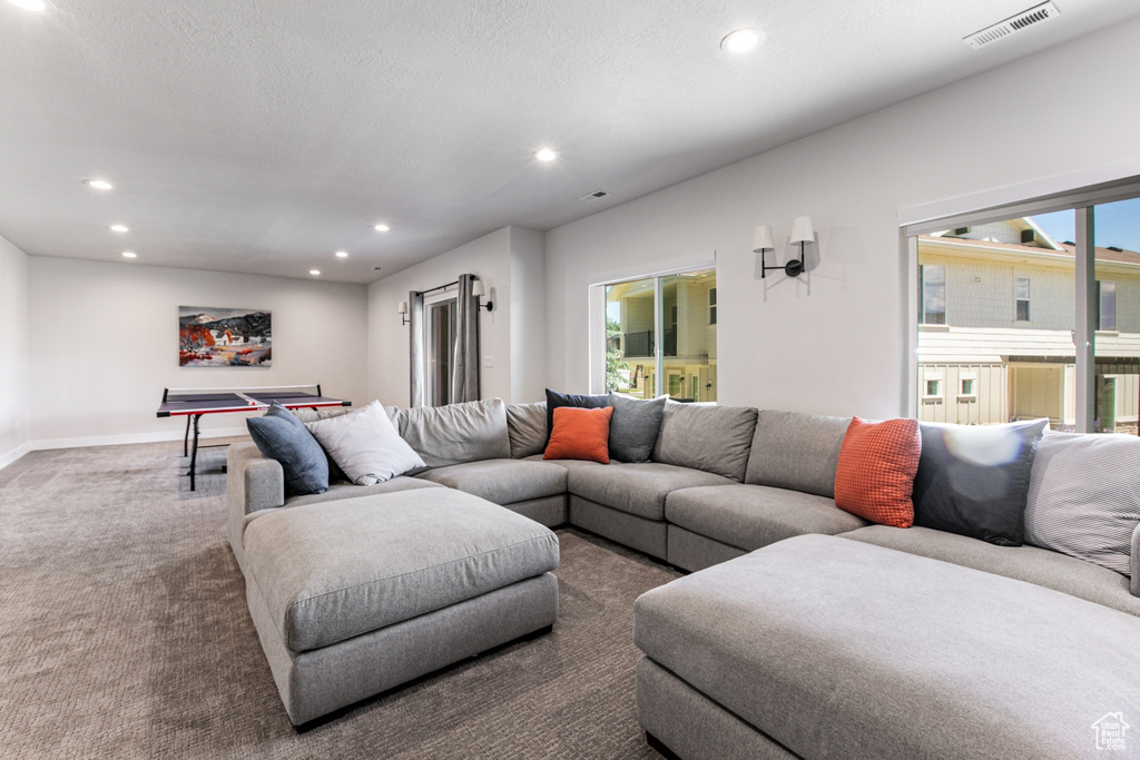 Carpeted living area with plenty of natural light and recessed lighting