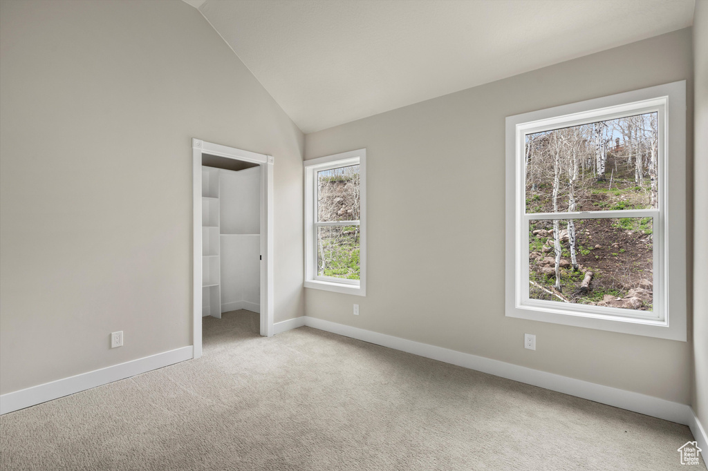 Unfurnished bedroom with carpet floors, baseboards, a walk in closet, a closet, and high vaulted ceiling