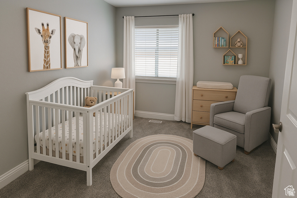 Carpeted bedroom with baseboards and a crib