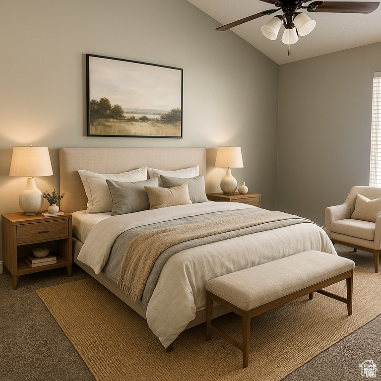 Carpeted bedroom with vaulted ceiling and ceiling fan