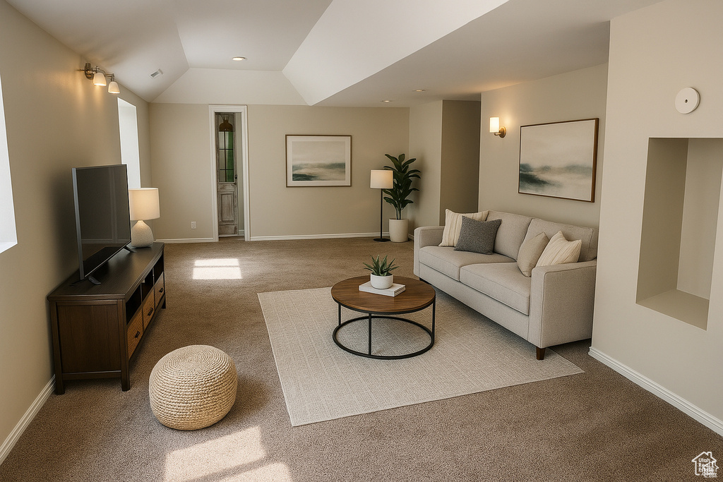 Living room featuring carpet flooring, baseboards, and lofted ceiling