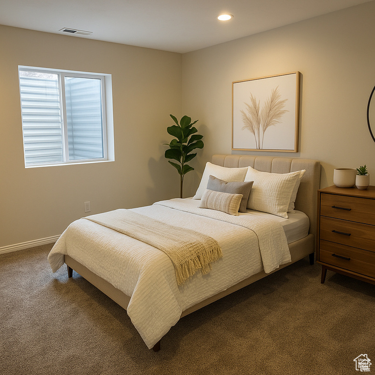 Bedroom featuring carpet flooring, recessed lighting, and baseboards
