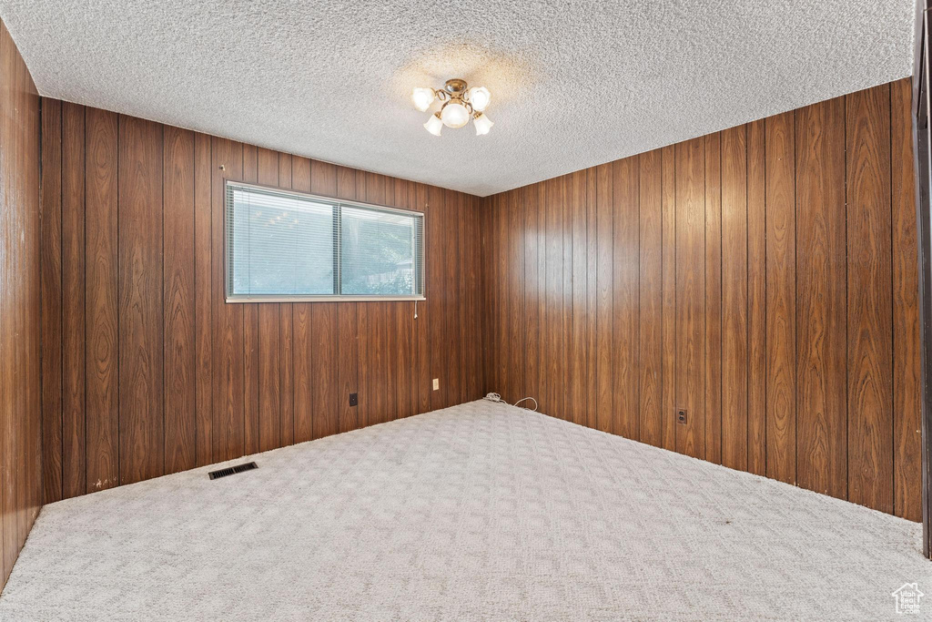 Unfurnished room featuring carpet floors, a textured ceiling, and wooden walls