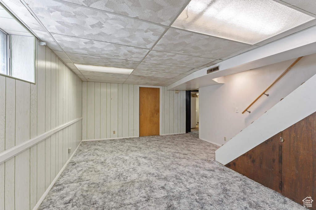 Below grade area with carpet, wooden walls, and baseboards
