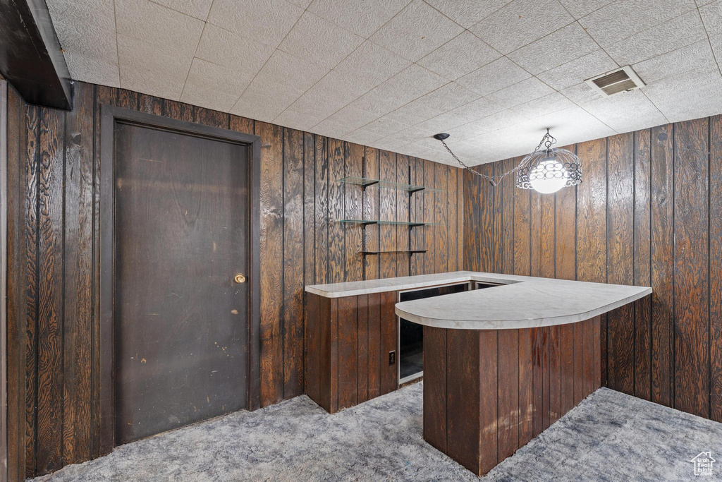 Indoor dry bar with wooden walls and carpet flooring