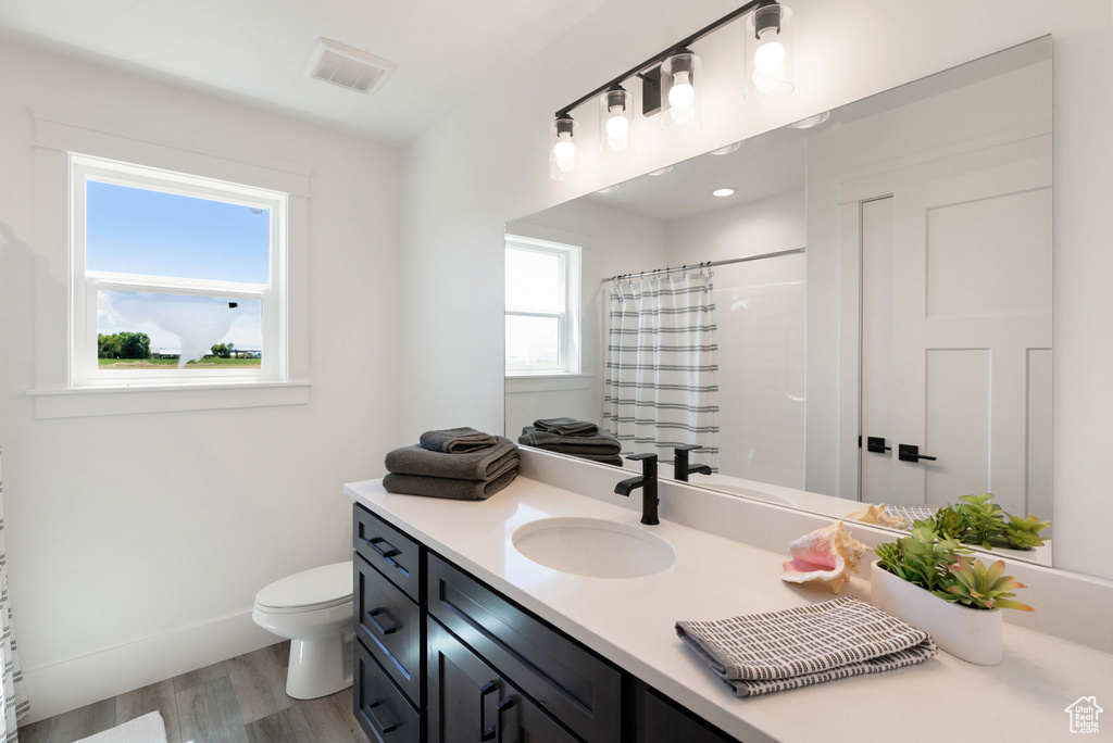 Full bathroom featuring toilet, vanity, wood finished floors, a shower with shower curtain, and baseboards
