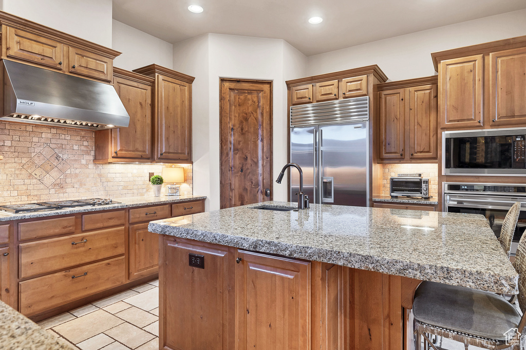 Kitchen featuring built in appliances, a breakfast bar area, under cabinet range hood, a sink, and tasteful backsplash