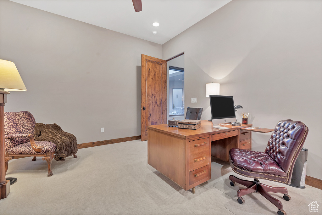 Home office with a ceiling fan, recessed lighting, light colored carpet, and baseboards