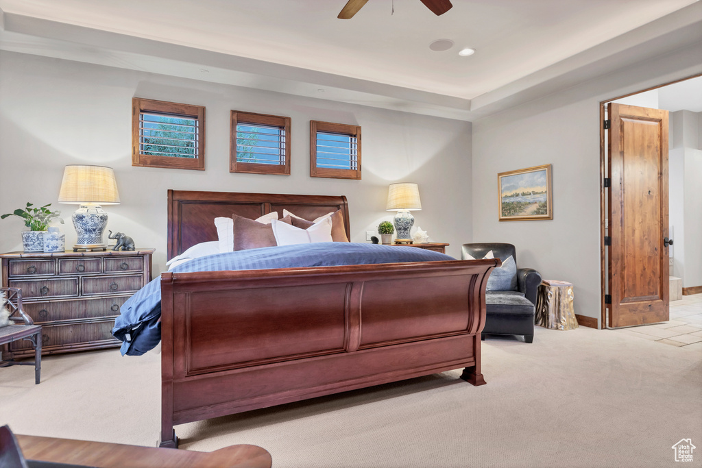 Bedroom featuring carpet, a ceiling fan, and recessed lighting