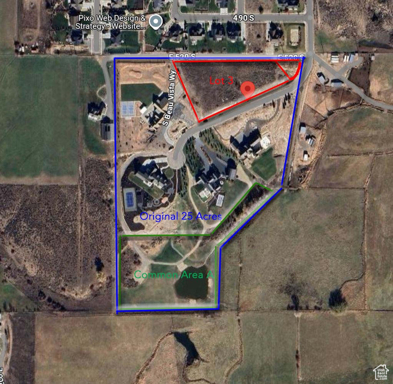 Aerial view of property's location with property parcel outlined