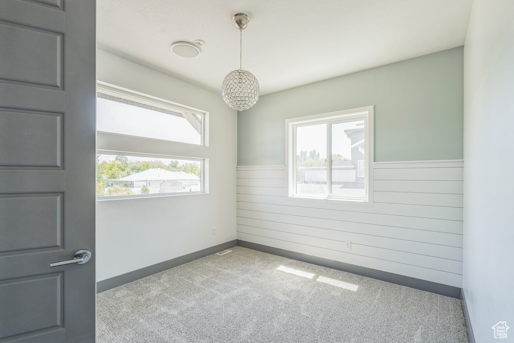 Carpeted empty room featuring healthy amount of natural light, wooden walls, a wainscoted wall, and baseboards