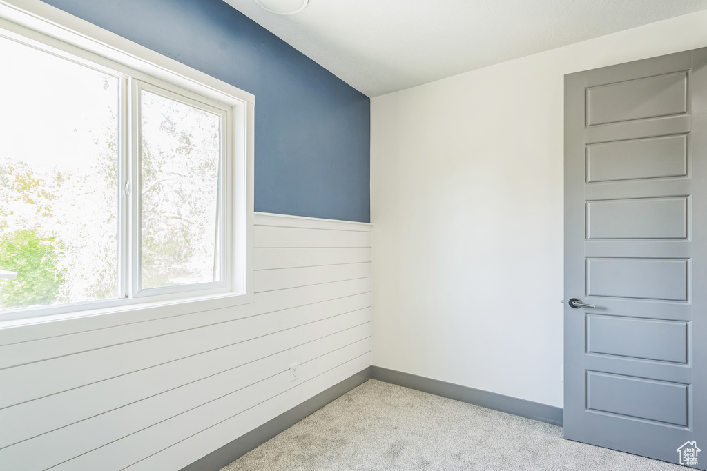 Spare room with baseboards, carpet, and wooden walls