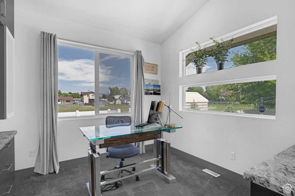 Home office featuring vaulted ceiling, plenty of natural light, dark colored carpet, and baseboards