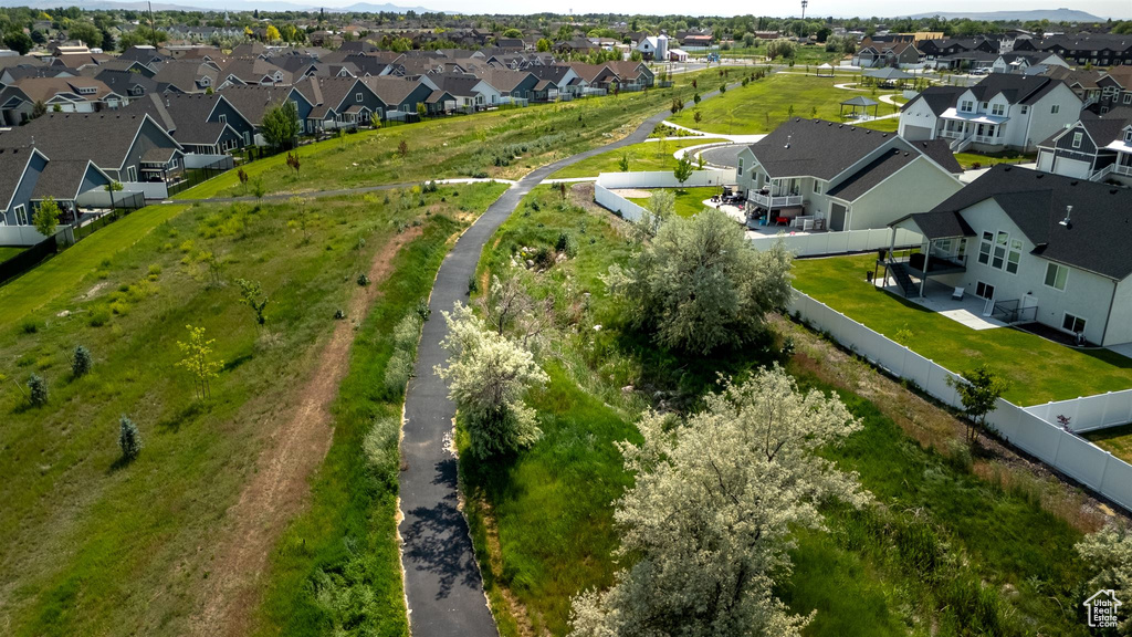 Aerial view of residential area with mountains