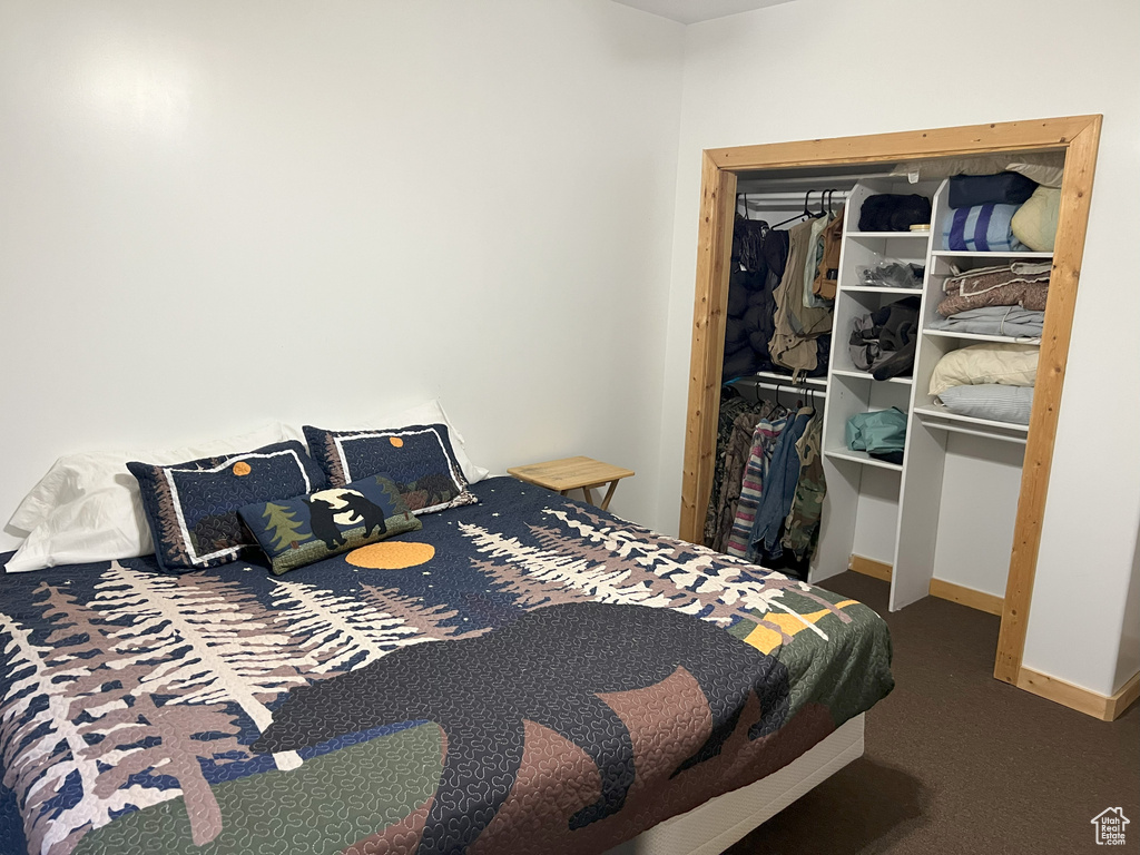 Carpeted bedroom with a closet and baseboards