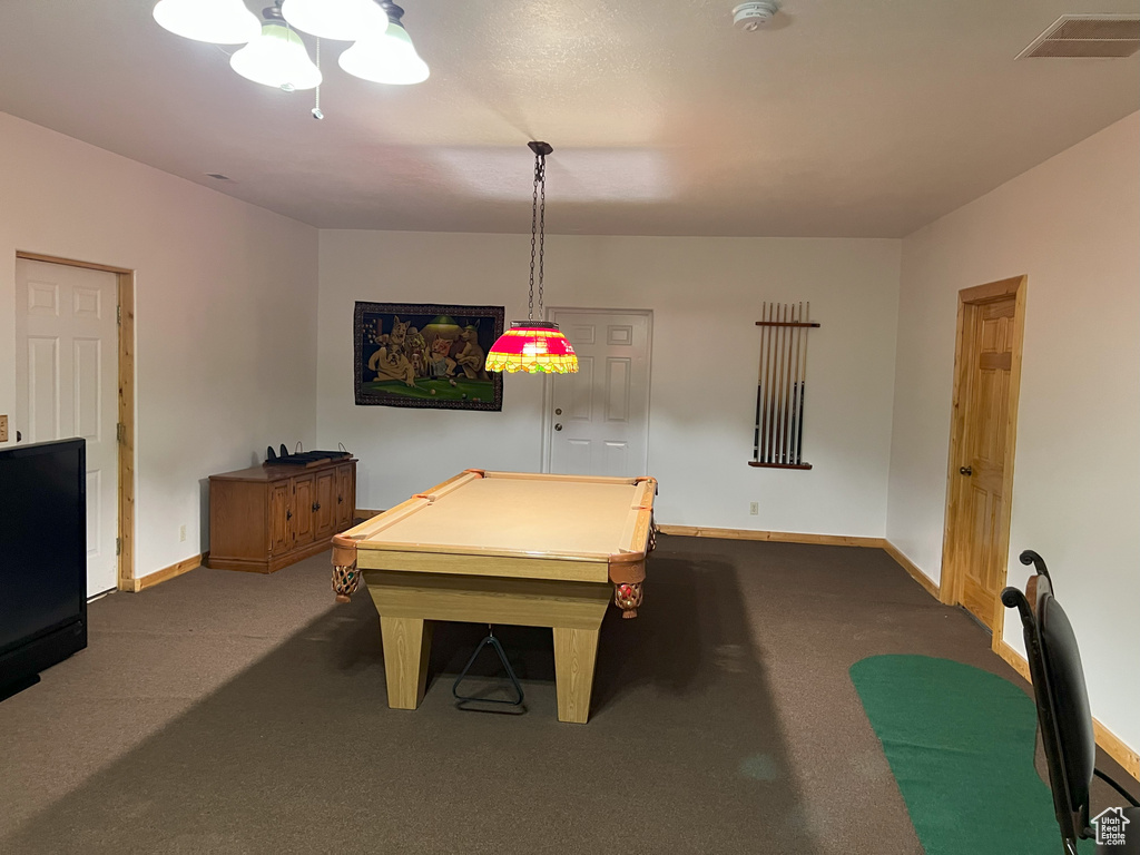 Recreation room with carpet floors, baseboards, and billiards
