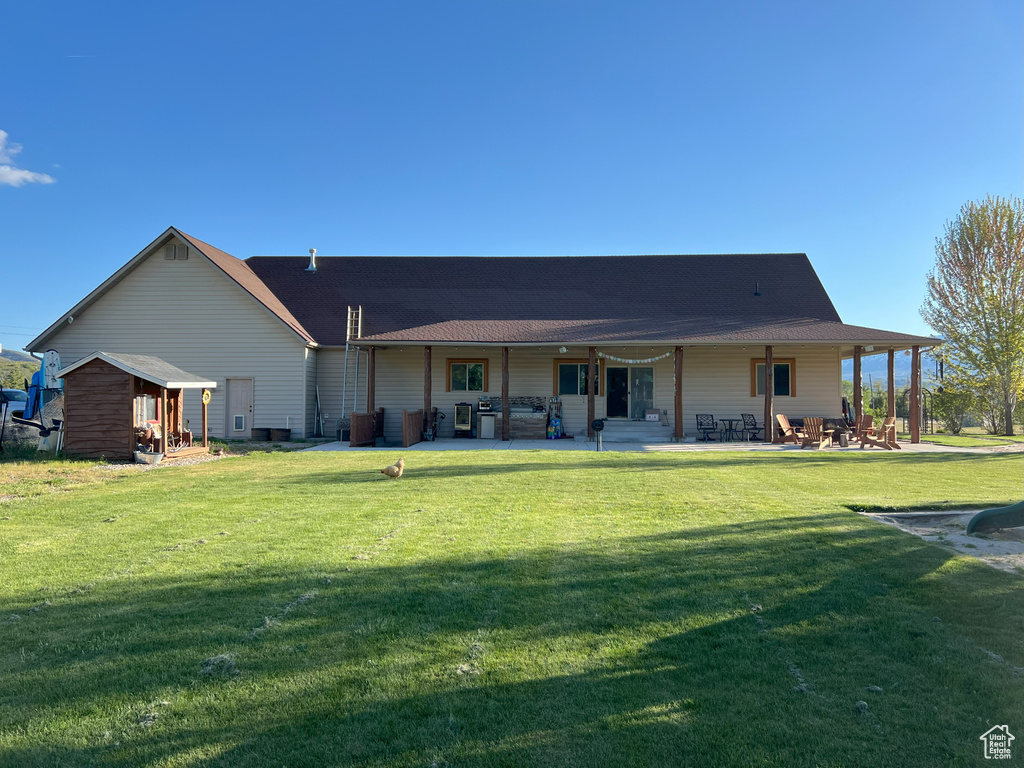 Rear view of house featuring a patio and a lawn