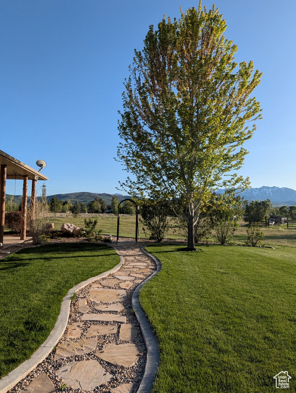 View of green lawn with a mountain view