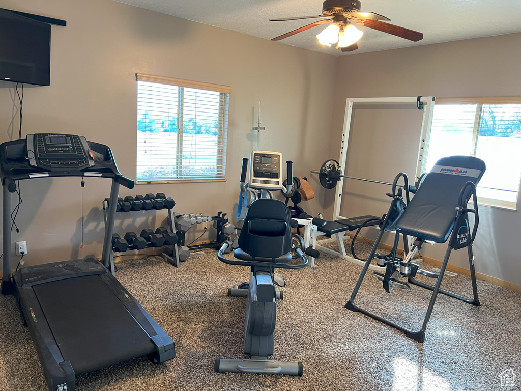 Workout area with ceiling fan