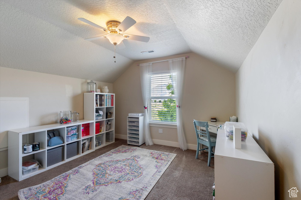 Office space with lofted ceiling, carpet, a textured ceiling, ceiling fan, and baseboards