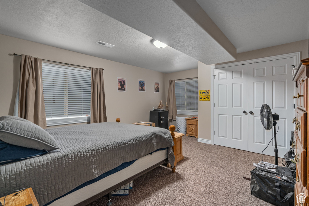 Carpeted bedroom featuring a textured ceiling, a closet, and baseboards