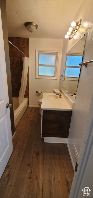Full bathroom with vanity, wood finished floors, toilet, and plenty of natural light