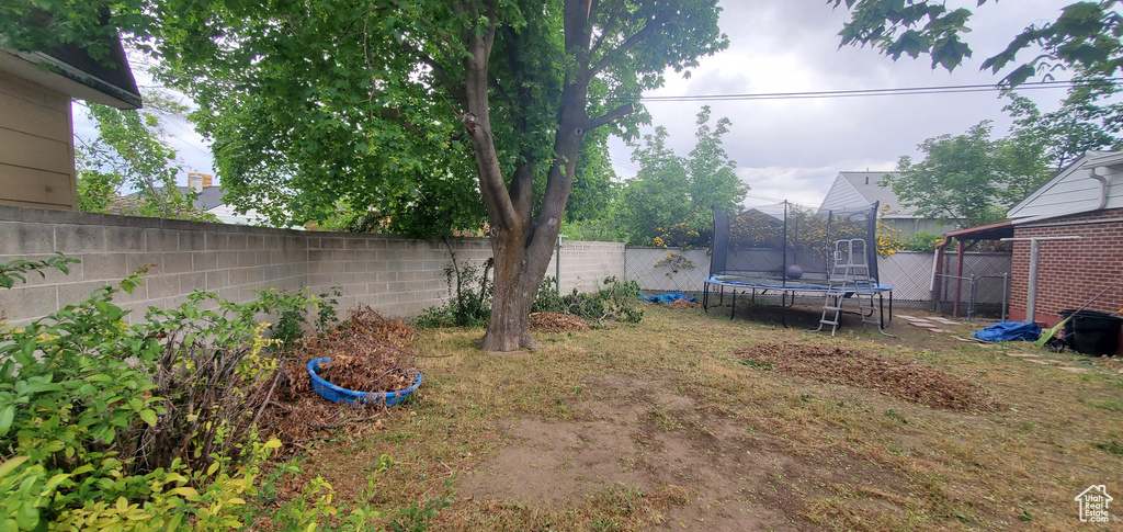 Fenced backyard featuring a trampoline