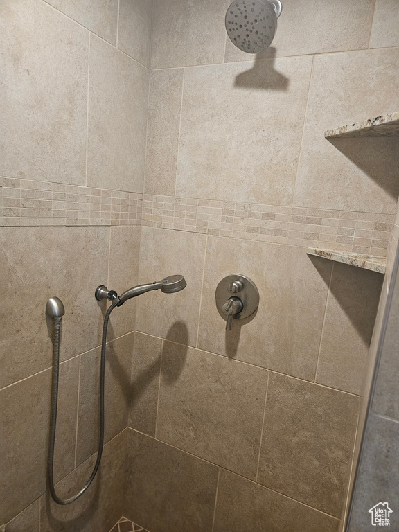 Bathroom view of a tile shower