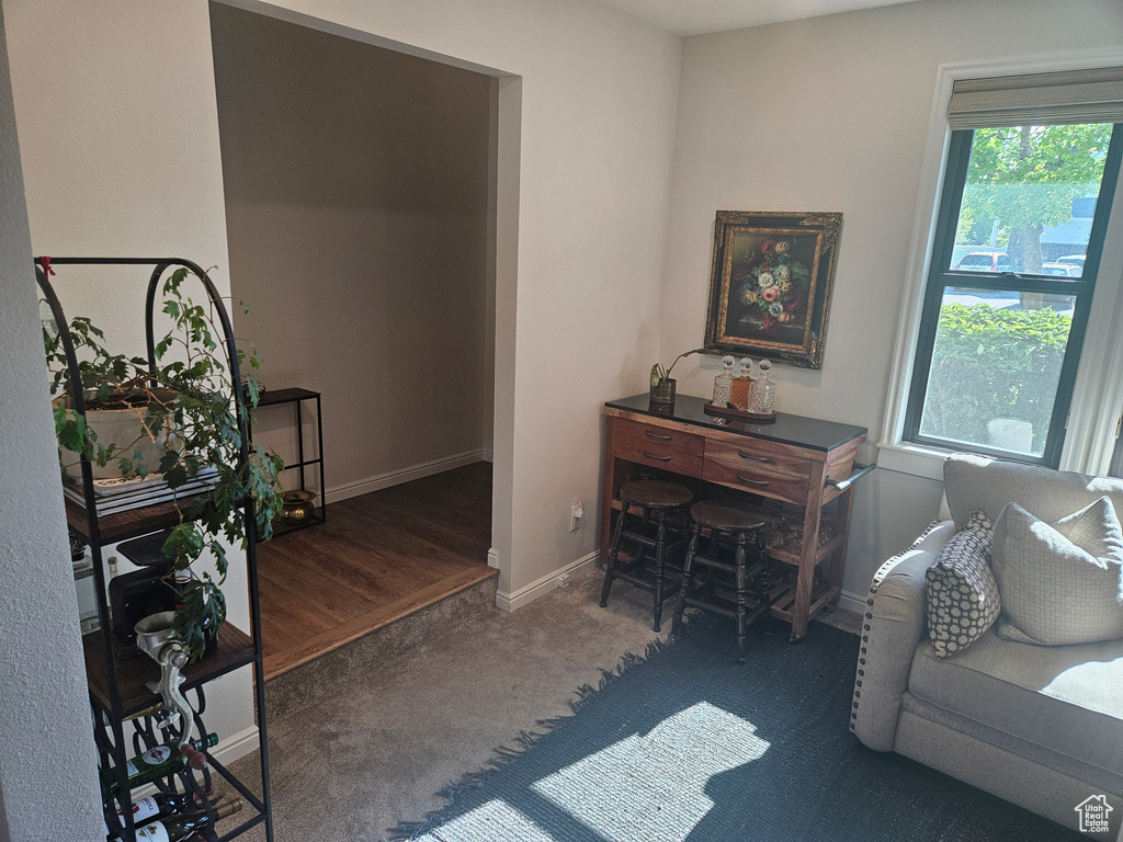 Carpeted living room with baseboards