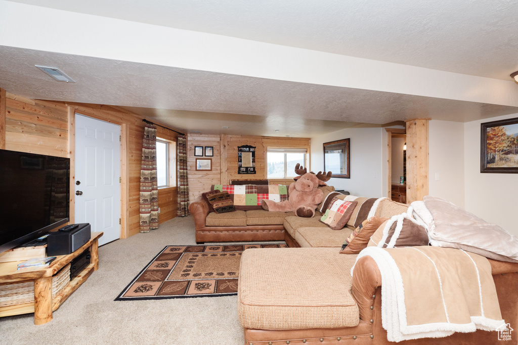 Carpeted living room featuring wood walls and a textured ceiling
